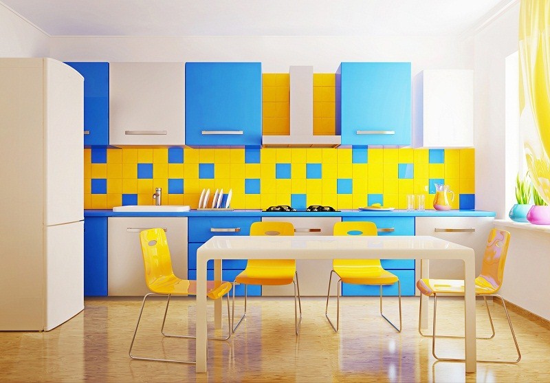 modern interior kitchen with blue and yellow furniture
