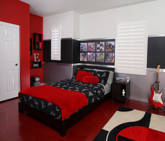 Красно-черный интерьер комнаты для подростка